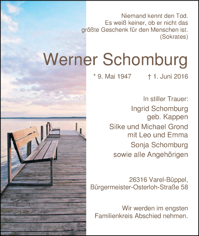  Traueranzeige für Werner Schomburg vom 08.06.2016 aus Nordwest-Zeitung