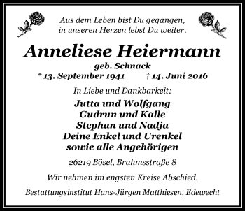 Traueranzeige von Anneliese Heiermann von Nordwest-Zeitung