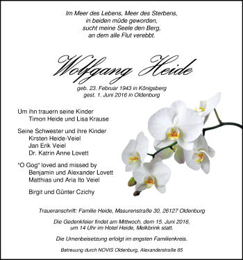 Traueranzeige von Wolfgang Heide von Nordwest-Zeitung