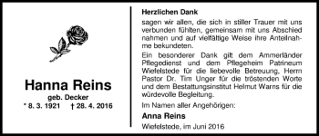 Traueranzeige von Hanna Reins von Nordwest-Zeitung