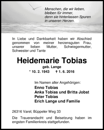Traueranzeige von Heidemarie Tobias von Nordwest-Zeitung