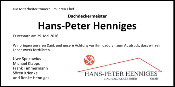 Traueranzeige von Hans-Peter Henniges von Nordwest-Zeitung