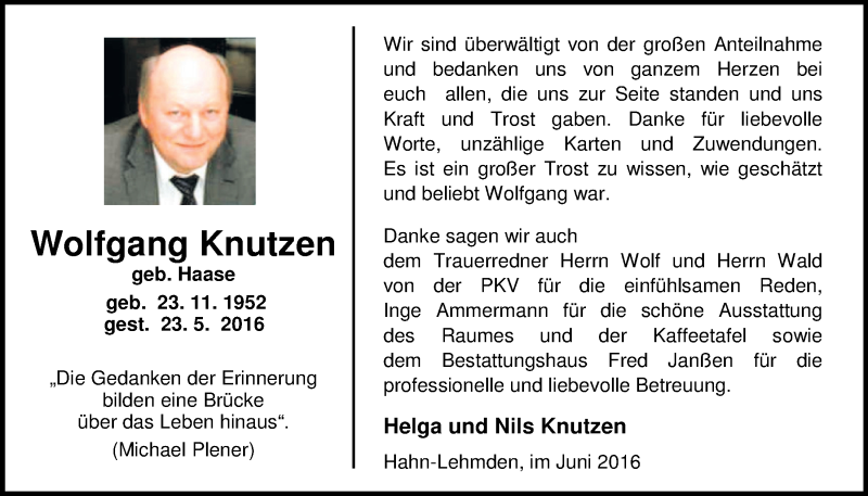  Traueranzeige für Wolfgang Knutzen vom 25.06.2016 aus Nordwest-Zeitung