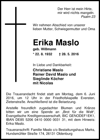 Traueranzeige von Erika Maslo von Nordwest-Zeitung