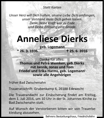 Traueranzeige von Anneliese Dierks von Nordwest-Zeitung