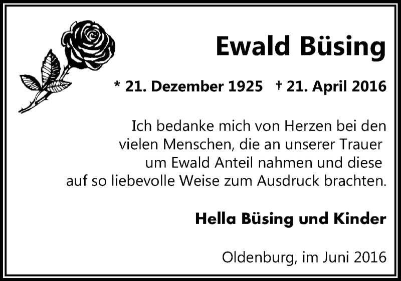  Traueranzeige für Ewald Büsing vom 11.06.2016 aus Nordwest-Zeitung