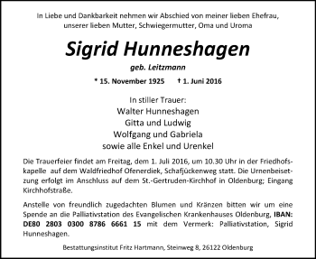 Traueranzeige von Sigrid Hunneshagen von Nordwest-Zeitung