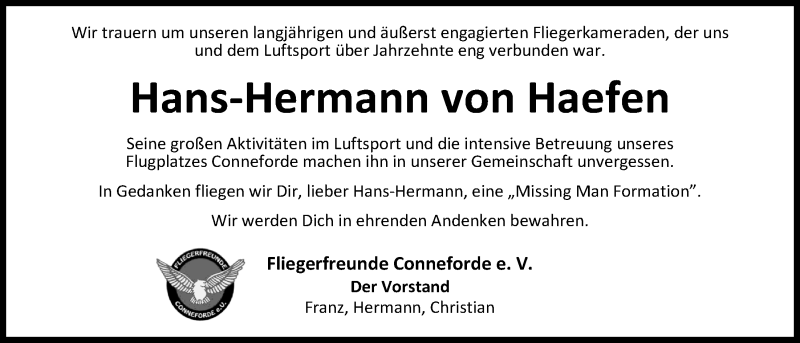  Traueranzeige für Hans-Hermann von Haefen vom 28.06.2016 aus Nordwest-Zeitung