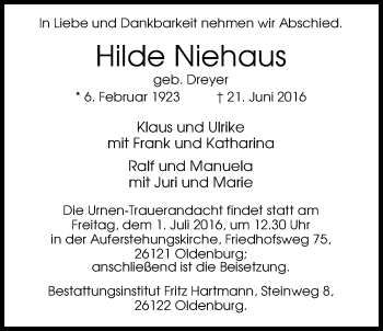 Traueranzeige von Hilde Niehaus von Nordwest-Zeitung