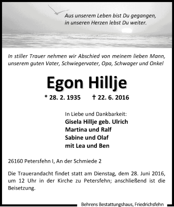 Traueranzeige von Egon Hillje von Nordwest-Zeitung