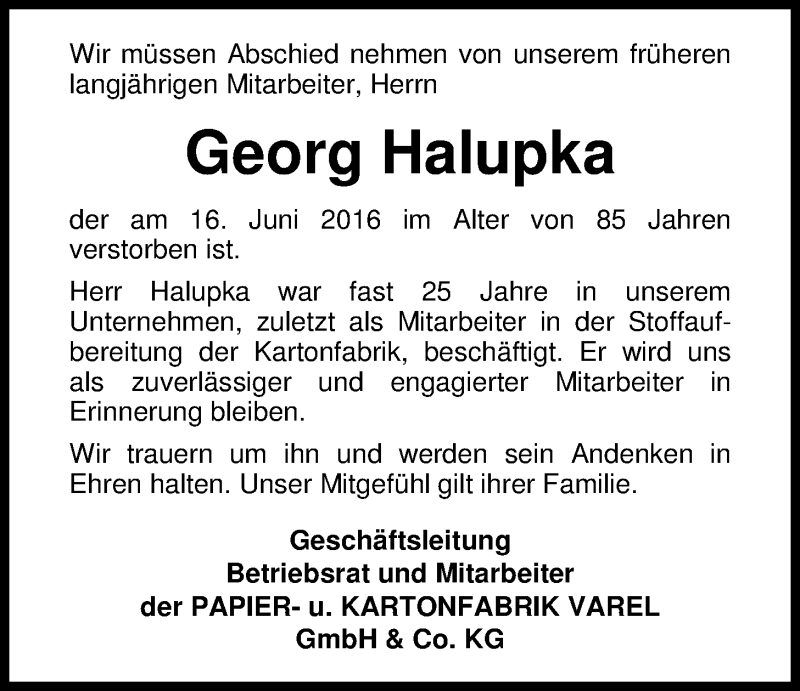  Traueranzeige für Georg Halupka vom 21.06.2016 aus Nordwest-Zeitung