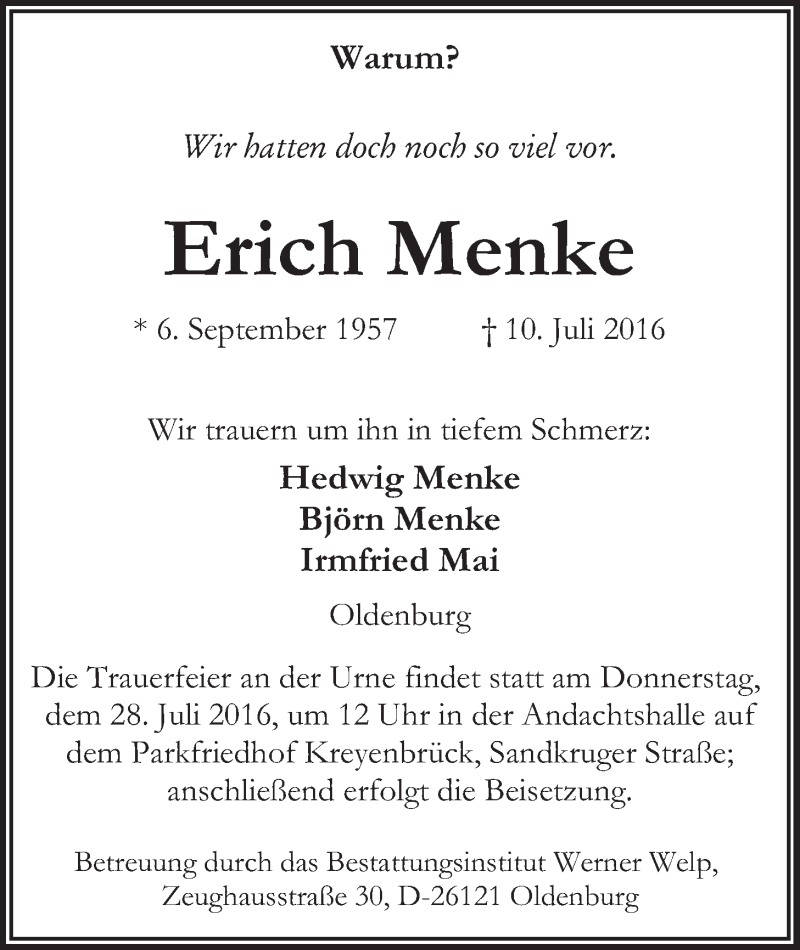  Traueranzeige für Erich Menke vom 23.07.2016 aus Nordwest-Zeitung