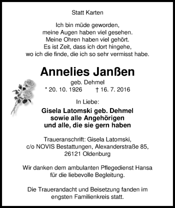 Traueranzeige von Annelies Janßen von Nordwest-Zeitung