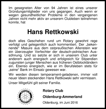 Traueranzeige von Hans Rettkowski von Nordwest-Zeitung