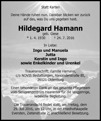 Traueranzeige von Hildegard Hamann von Nordwest-Zeitung