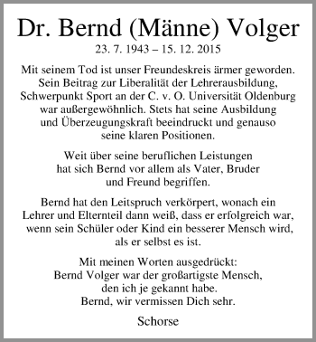 Traueranzeige von Bernd Volger von Nordwest-Zeitung