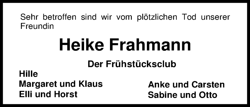  Traueranzeige für Heike Frahmann vom 29.07.2016 aus Nordwest-Zeitung