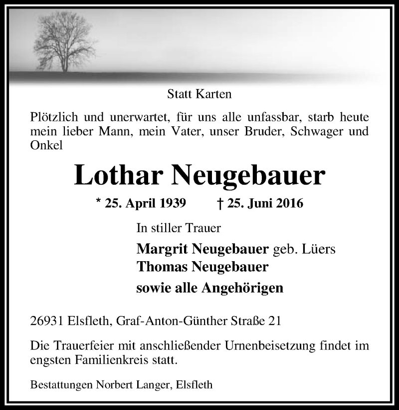  Traueranzeige für Lothar Neugebauer vom 05.07.2016 aus Nordwest-Zeitung
