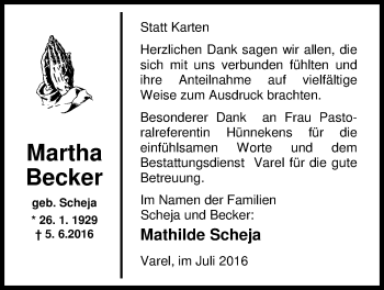 Traueranzeige von Martha Becker von Nordwest-Zeitung