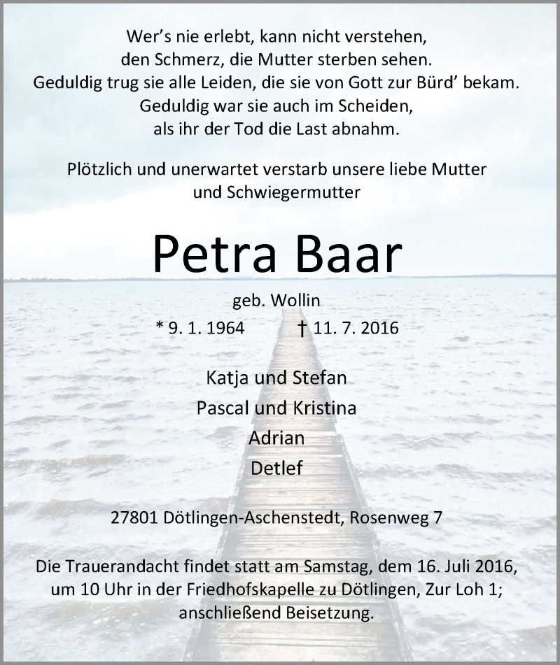  Traueranzeige für Petra Baar vom 14.07.2016 aus Nordwest-Zeitung