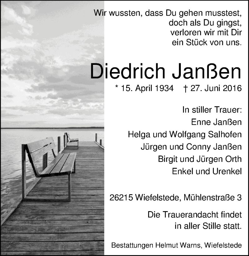  Traueranzeige für Diedrich Janßen vom 02.07.2016 aus Nordwest-Zeitung