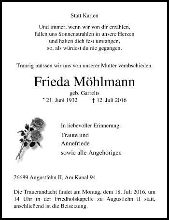 Traueranzeige von Frieda Möhlmann von Nordwest-Zeitung