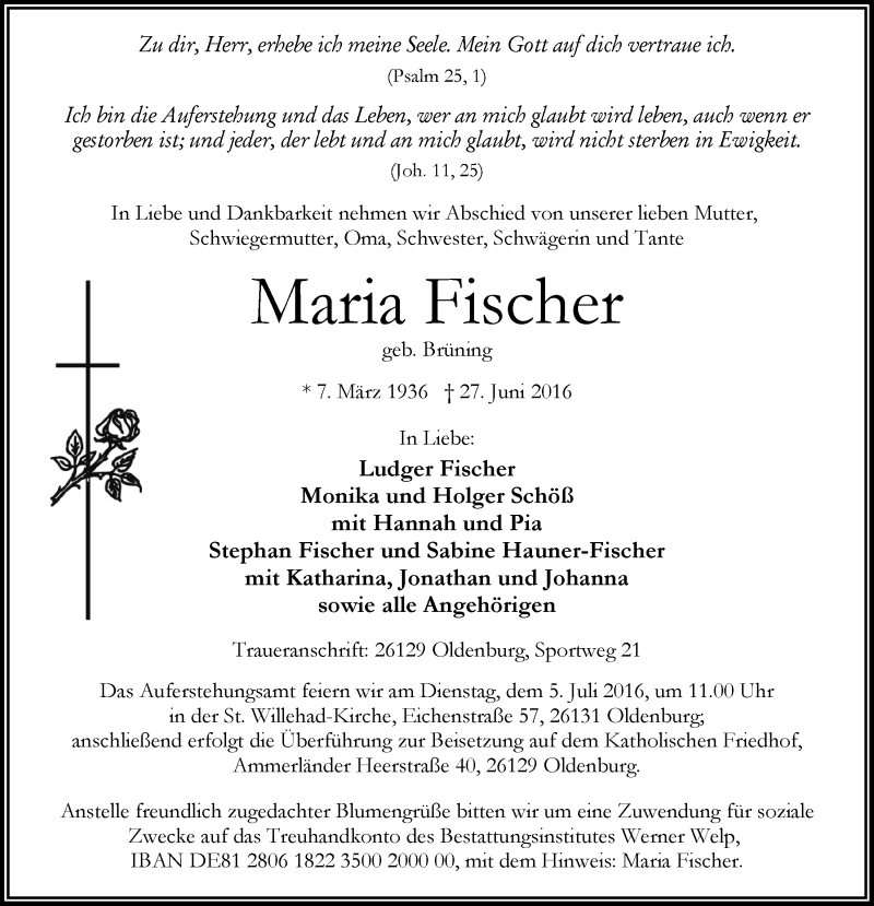  Traueranzeige für Maria Fischer vom 01.07.2016 aus Nordwest-Zeitung