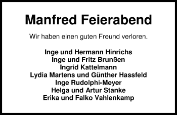 Traueranzeige von Manfred Feierabend von Nordwest-Zeitung