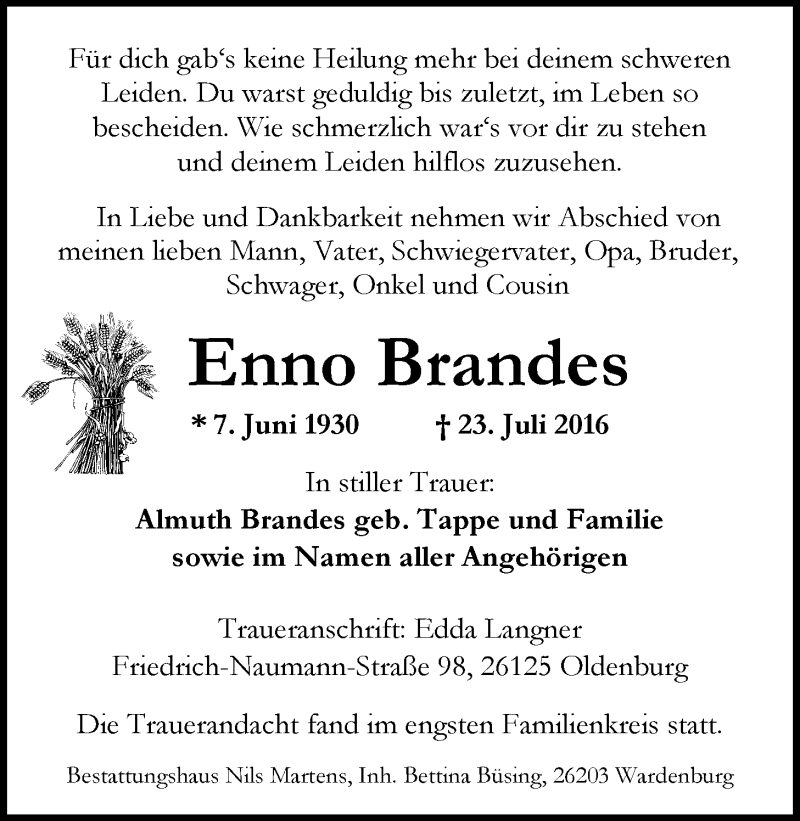  Traueranzeige für Enno Brandes vom 28.07.2016 aus Nordwest-Zeitung