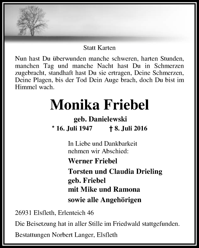  Traueranzeige für Monika Friebel vom 29.07.2016 aus Nordwest-Zeitung