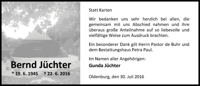  Traueranzeige für Bernd Jüchter vom 30.07.2016 aus Nordwest-Zeitung