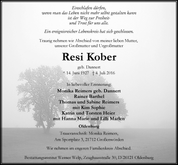 Traueranzeige von Resi Kober von Nordwest-Zeitung