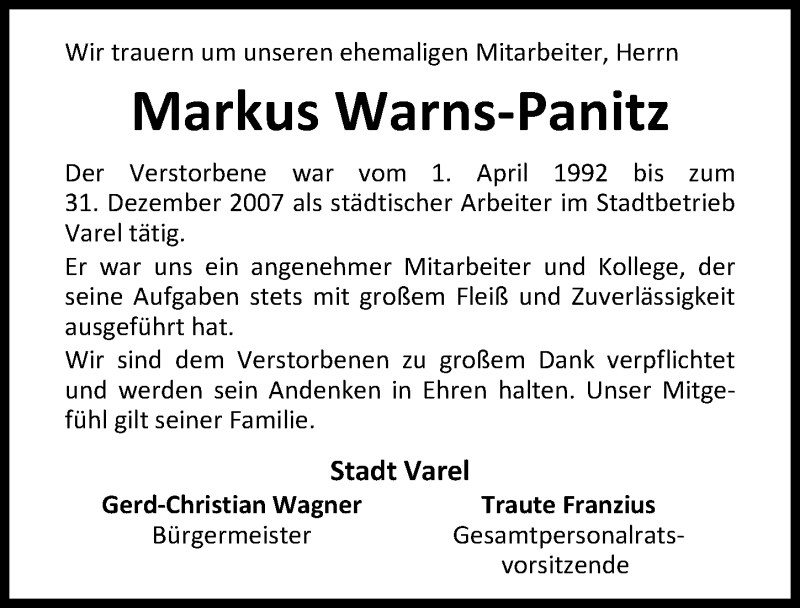  Traueranzeige für Markus Warns-Panitz vom 30.07.2016 aus Nordwest-Zeitung