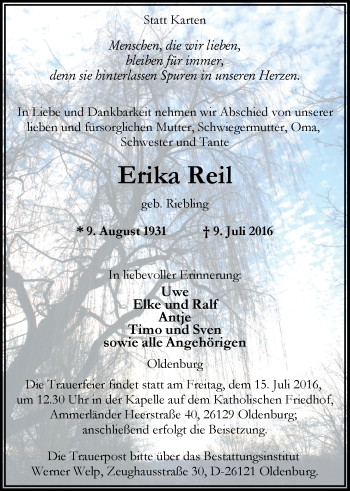 Traueranzeige von Erika Reil von Nordwest-Zeitung
