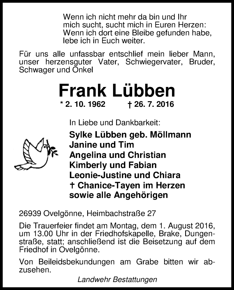 Traueranzeige für Frank Lübben vom 28.07.2016 aus Nordwest-Zeitung