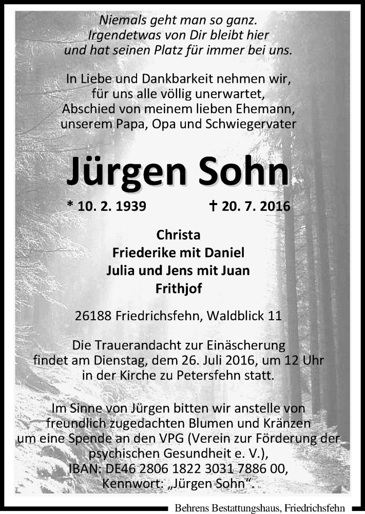  Traueranzeige für Jürgen Sohn vom 22.07.2016 aus Nordwest-Zeitung