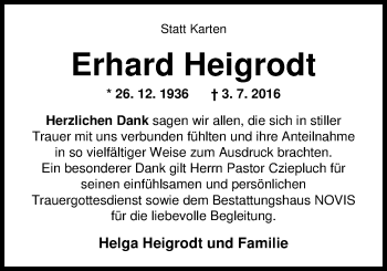 Traueranzeige von Erhard Heigrodt von Nordwest-Zeitung