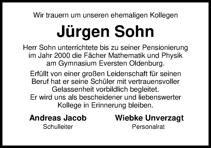  Traueranzeige für Jürgen Sohn vom 22.07.2016 aus Nordwest-Zeitung