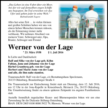 Traueranzeige von Werner von der Lage von Nordwest-Zeitung