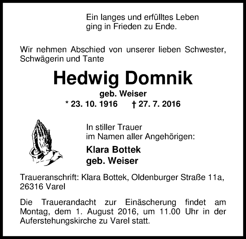  Traueranzeige für Hedwig Domnik vom 29.07.2016 aus Nordwest-Zeitung