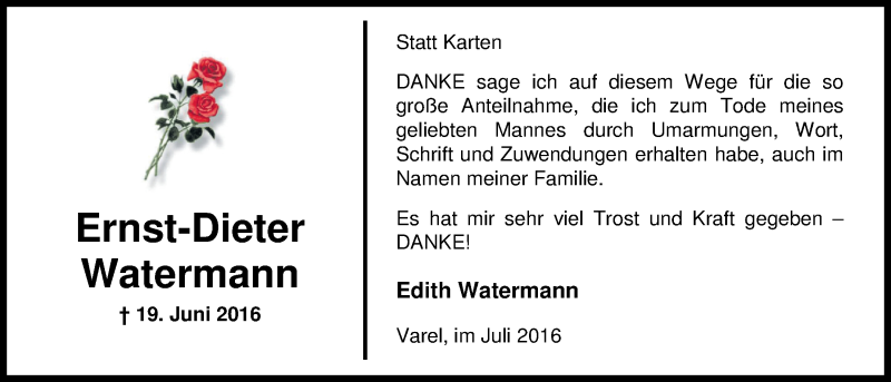  Traueranzeige für Ernst-Dieter Watermann vom 16.07.2016 aus Nordwest-Zeitung