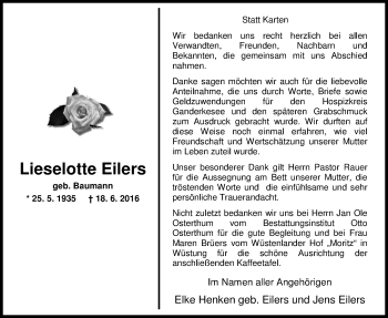 Traueranzeige von Lieselotte Eilers von Nordwest-Zeitung
