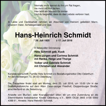Traueranzeige von Hans-Heinrich Schmidt von Nordwest-Zeitung