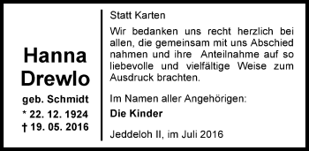 Traueranzeige von Hanna Drewlo von Nordwest-Zeitung