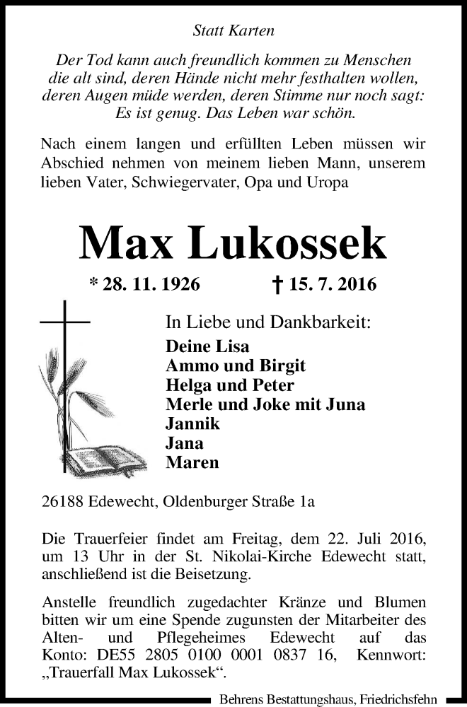  Traueranzeige für Max Lukossek vom 19.07.2016 aus Nordwest-Zeitung