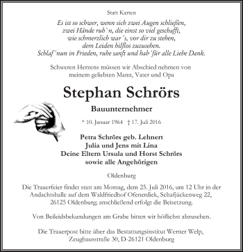 Traueranzeige von Stephan Schrörs von Nordwest-Zeitung