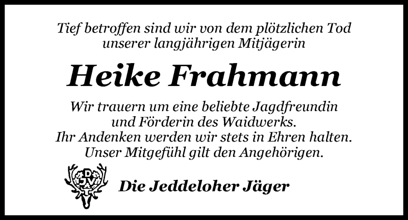  Traueranzeige für Heike Frahmann vom 28.07.2016 aus Nordwest-Zeitung