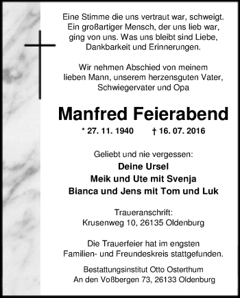 Traueranzeige von Manfred Feierabend von Nordwest-Zeitung