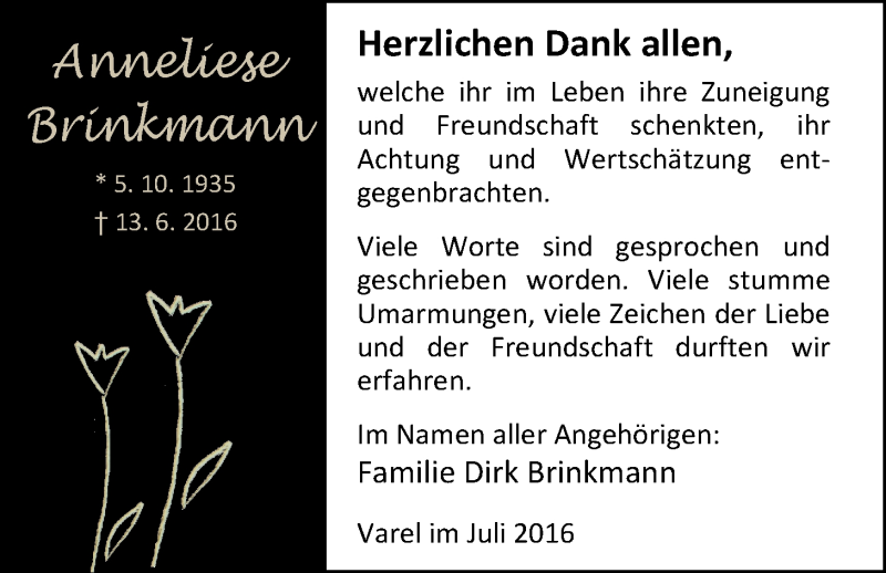  Traueranzeige für Anneliese Brinkmann vom 16.07.2016 aus Nordwest-Zeitung