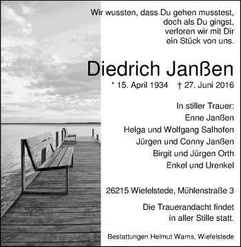 Traueranzeige von Diedrich Janßen von Nordwest-Zeitung